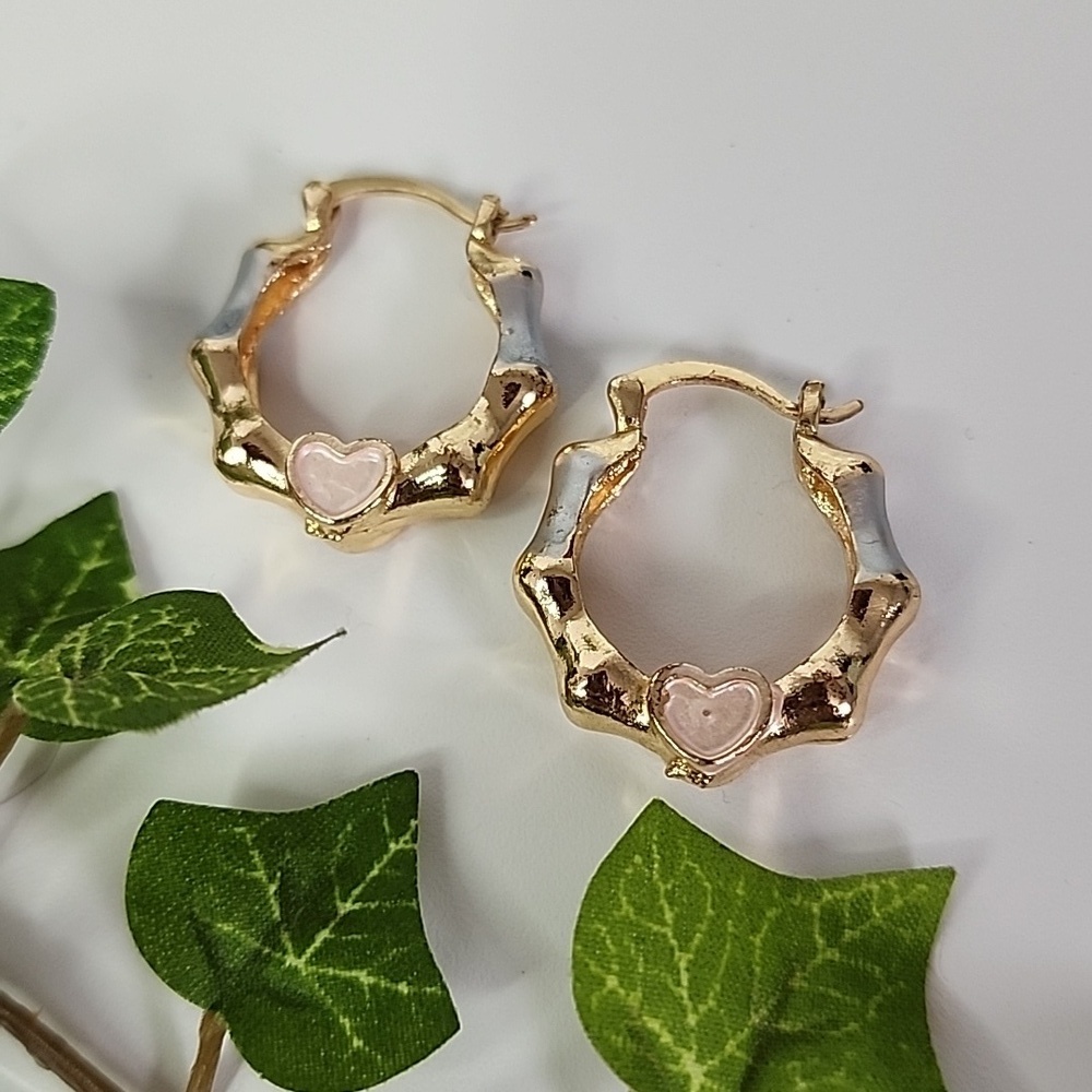 Gold Filled Bamboo Hoop Earrings with Heart Tricolor 1"